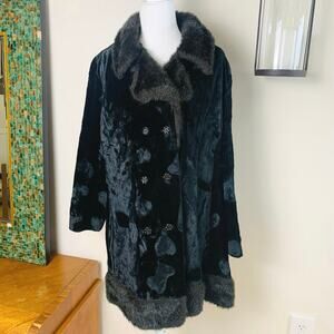 Vintage XL Black Faux Fur Coat Black Brown Plush Collar Double Breasted Jacket